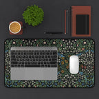 Blackthorn desk mat inspired by William Morris featuring flowing vines and floral motifs, adding heritage revival style to a modern home office setup.