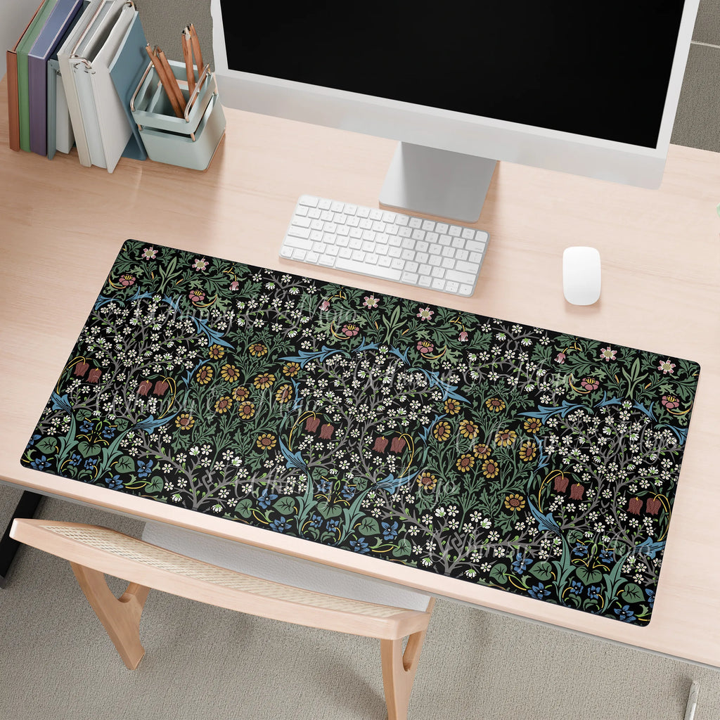 William Morris Blackthorn desk mat featuring an intricate Arts and Crafts botanical pattern with flowing vines and stylized flowers, ideal for heritage revival and cottagecore workspace decor.