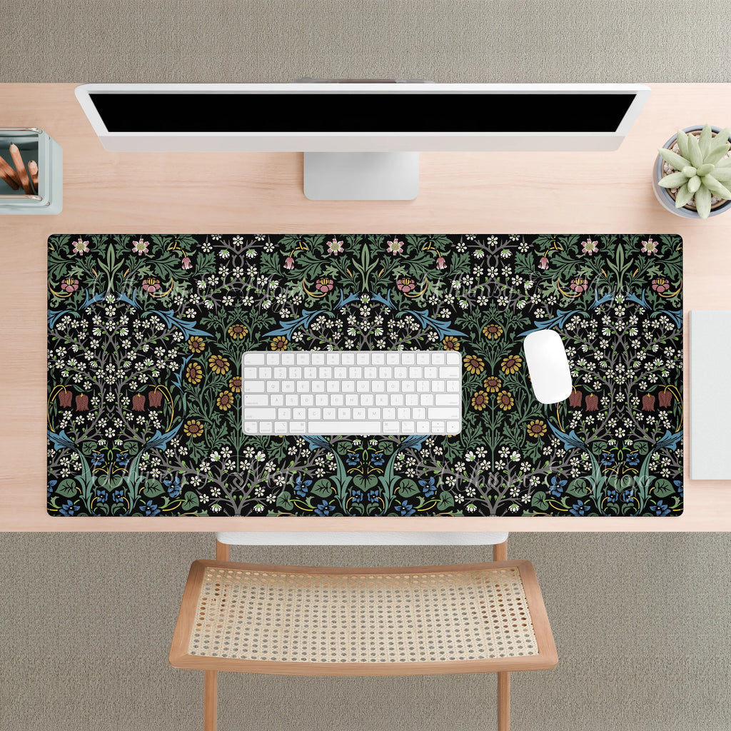 William Morris Blackthorn desk mat featuring Blackthorn - the intricate Arts and Crafts botanical pattern with flowing vines and stylized flowers, ideal for heritage revival and cottagecore workspace decor. 