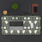William Morris desk mat featuring the iconic Arts and Crafts Pimpernel pattern, with a keyboard, mouse, and office supplies on a dark surface.