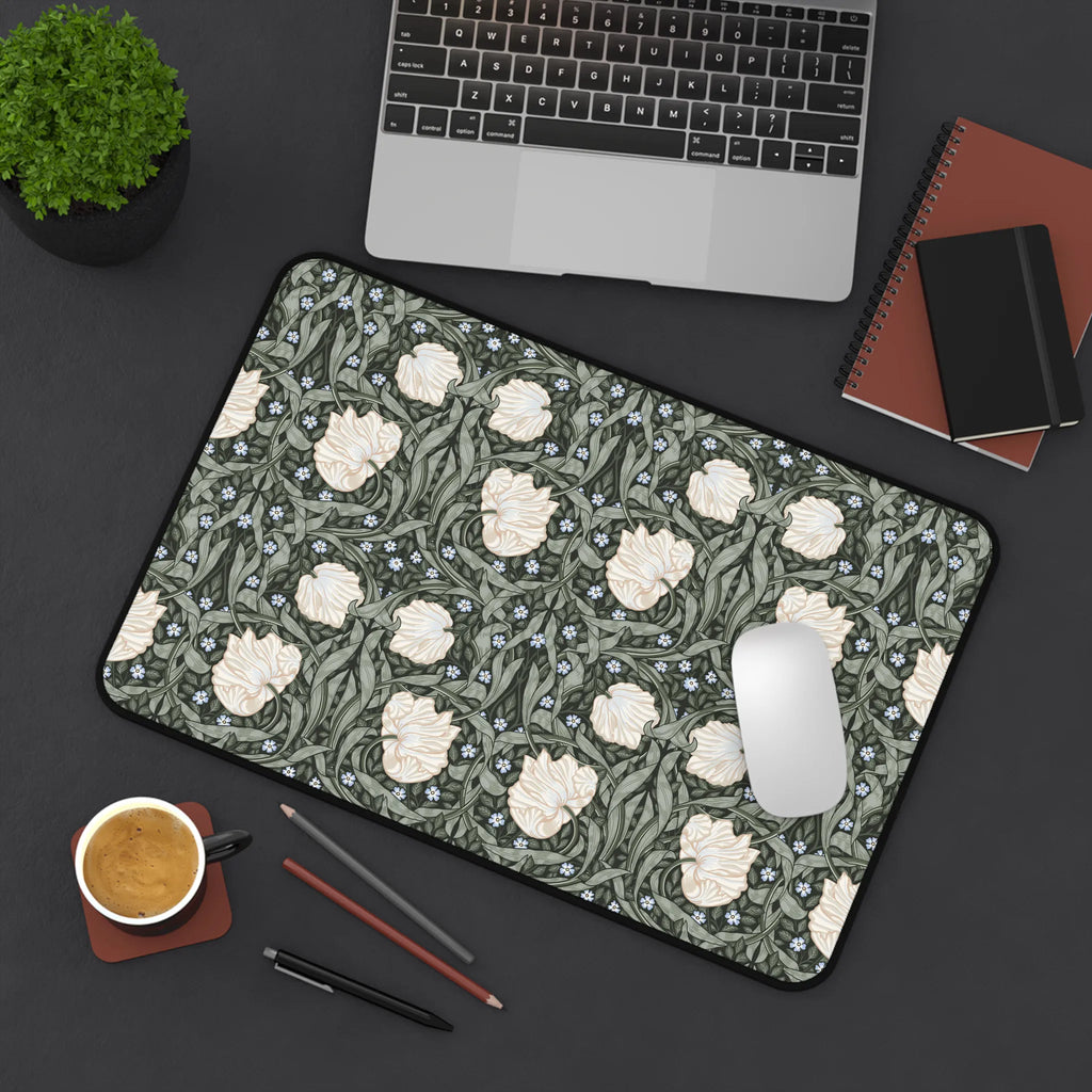 William Morris Pimpernel mouse pad desk mat on a desk with laptop, notebook, and coffee cup.