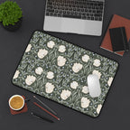 William Morris Pimpernel mouse pad desk mat on a desk with laptop, notebook, and coffee cup.