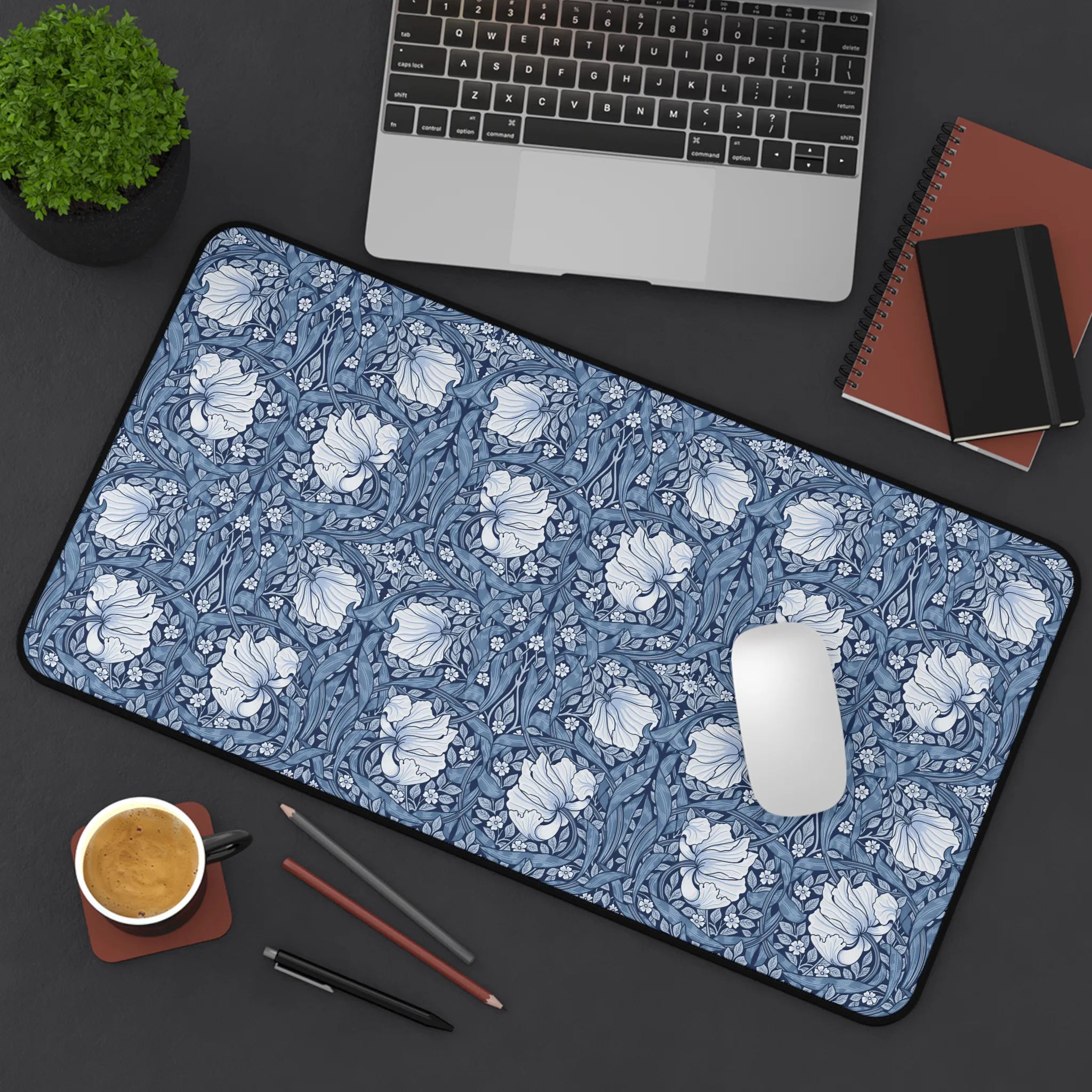 Floral patterned William Morris Pimpernel mousepad on a desk with laptop, notebook, and coffee cup.