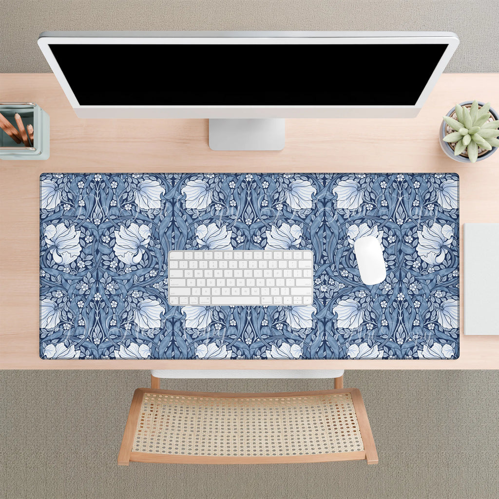 William Morris desk mat mousepad in Blue Pimpernel. Botanical floral cottagecore desk mat on a white desk with a computer setup