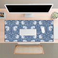 William Morris desk mat mousepad in Blue Pimpernel. Botanical floral cottagecore desk mat on a white desk with a computer setup