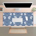 William Morris desk mat mousepad in Blue Pimpernel. Botanical floral cottagecore desk mat on a white desk with a computer setup