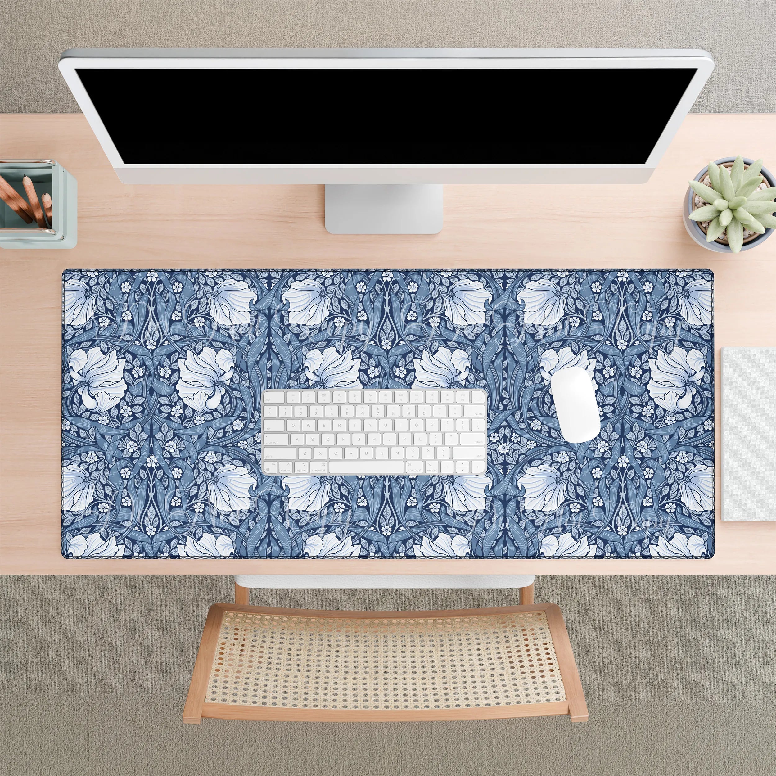 William Morris desk mat mousepad in Blue Pimpernel. Botanical floral cottagecore desk mat on a white desk with a computer setup