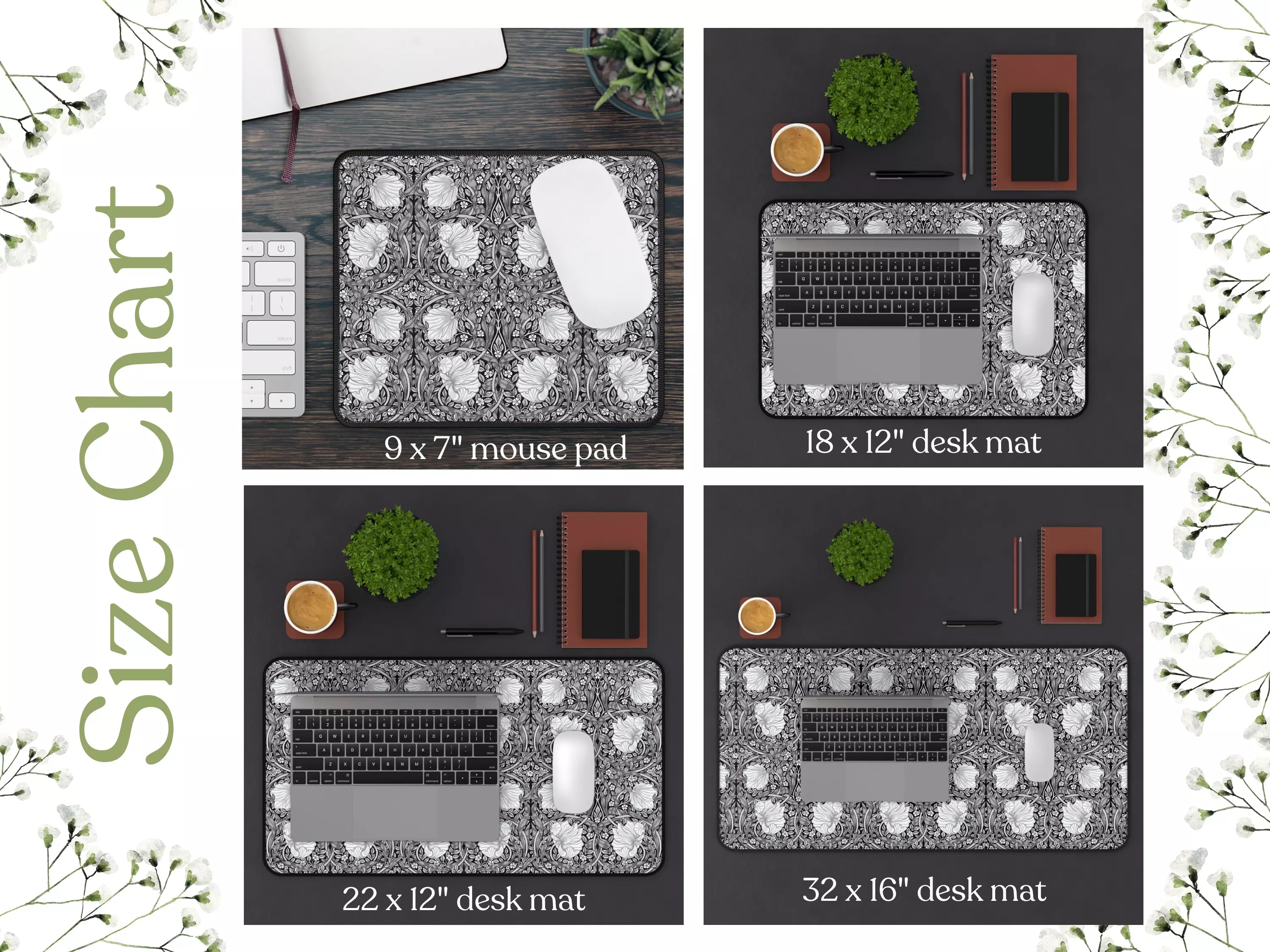 William Morris PIMPERNEL Desk Mat or Mouse Pad - Black and White