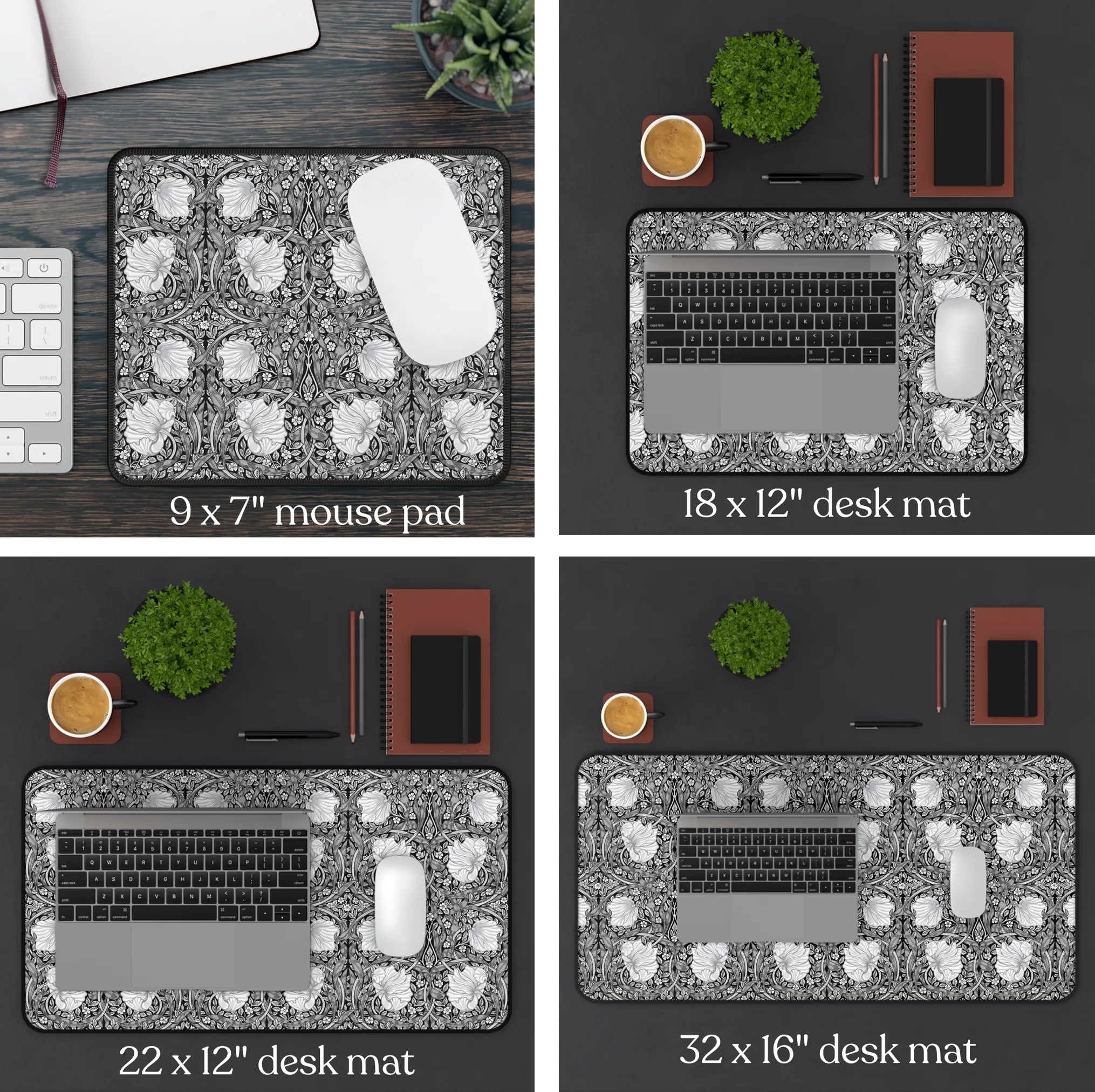 Size chart for William Morris Pimpernel desk mats and mousepads. Set of desk mats in different sizes with a floral pattern on a dark surface.