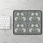 Floral patterned William Morris mouse pad on a marble surface with a keyboard.