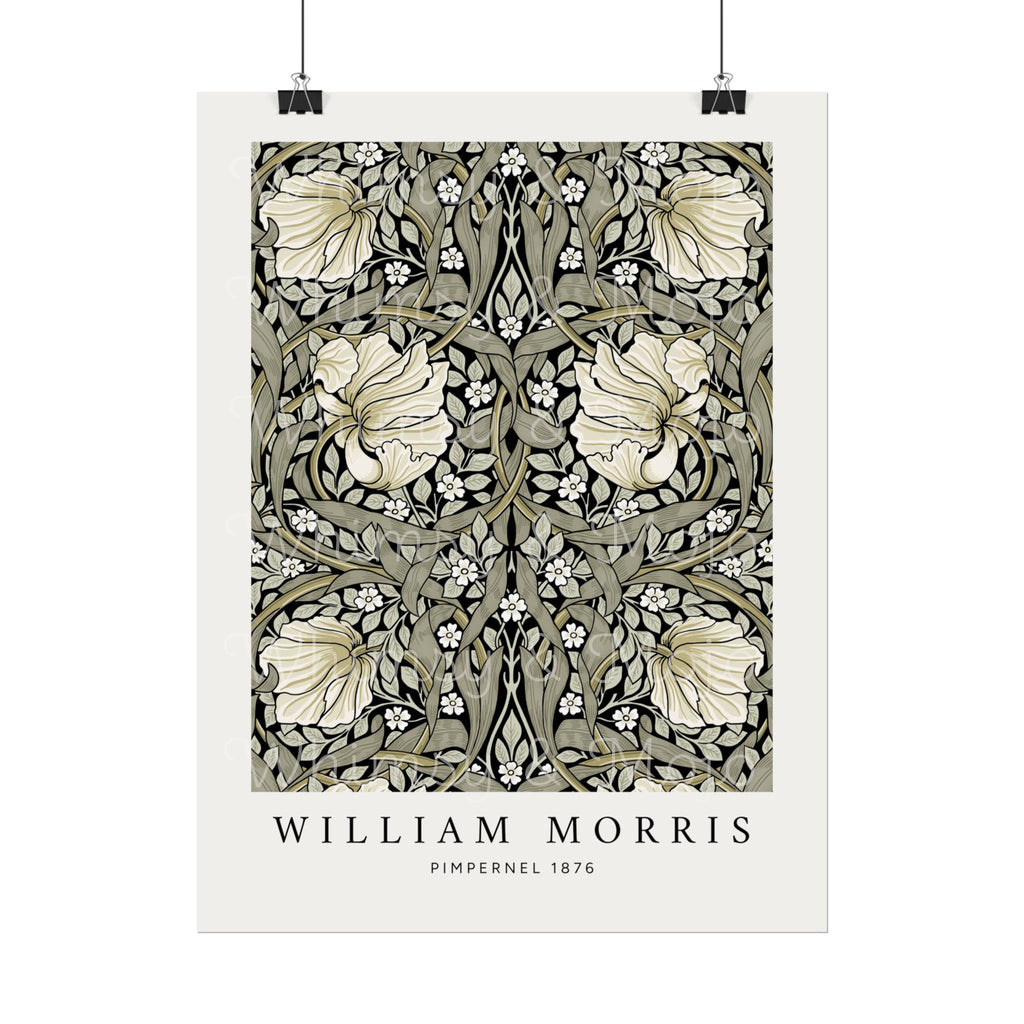 William Morris exhibition style poster featuring the Pimpernel design in sage, cream and black