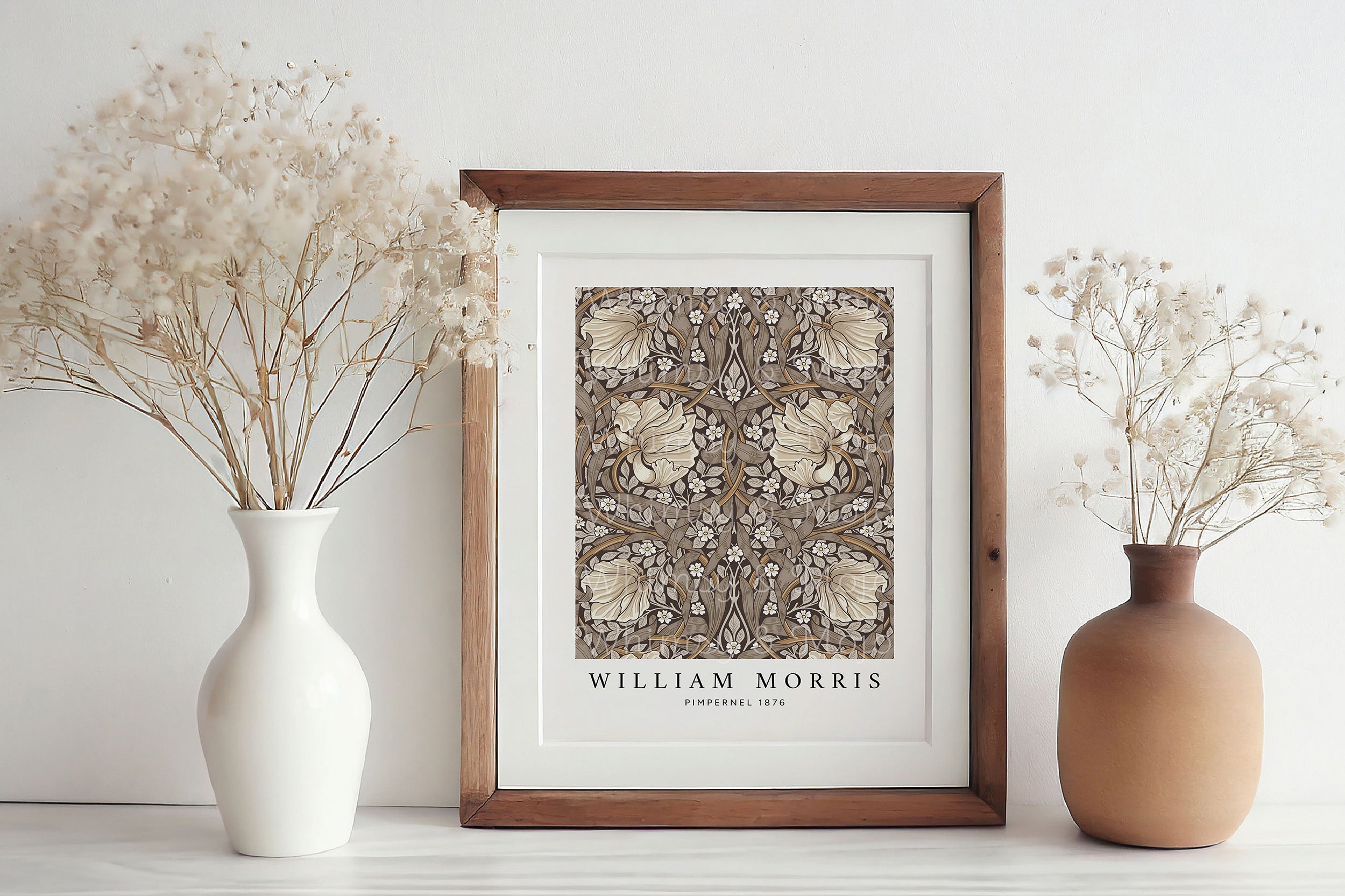 Framed William Morris poster shown in a brown frame with mat, displayed in a brightly lit room