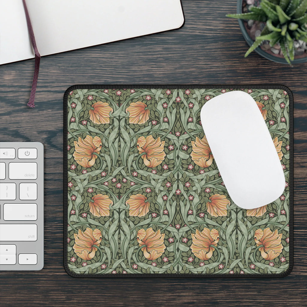 Floral patterned William Morris mouse pad on a desk with a keyboard and mouse.