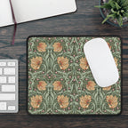 Floral patterned William Morris mouse pad on a desk with a keyboard and mouse.