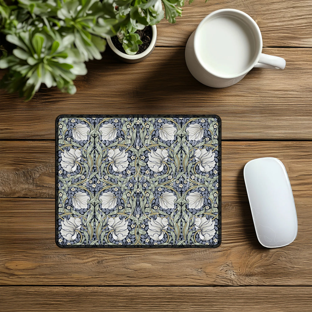 William Morris Pimpernel mousepad on a wooden desk surface
