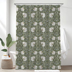 William Morris shower curtain featuring the iconic Arts and Crafts Pimpernel pattern in Morning Sage green, perfect for cottagecore, grandmillennial, heritage revival and English country dining decor.