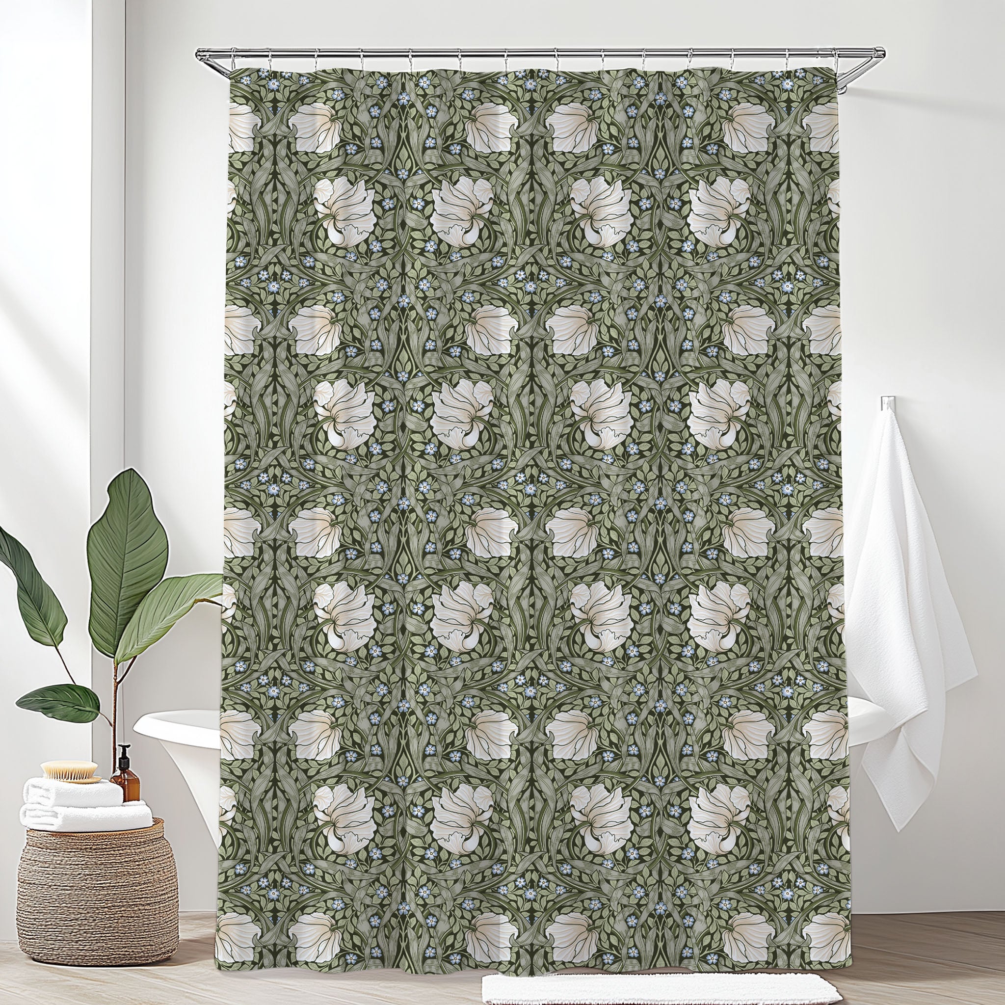 William Morris shower curtain featuring the iconic Arts and Crafts Pimpernel pattern in Morning Sage green, perfect for cottagecore, grandmillennial, heritage revival and English country dining decor.