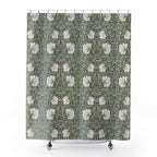 William Morris shower curtain with floral Pimpernel pattern on a white background