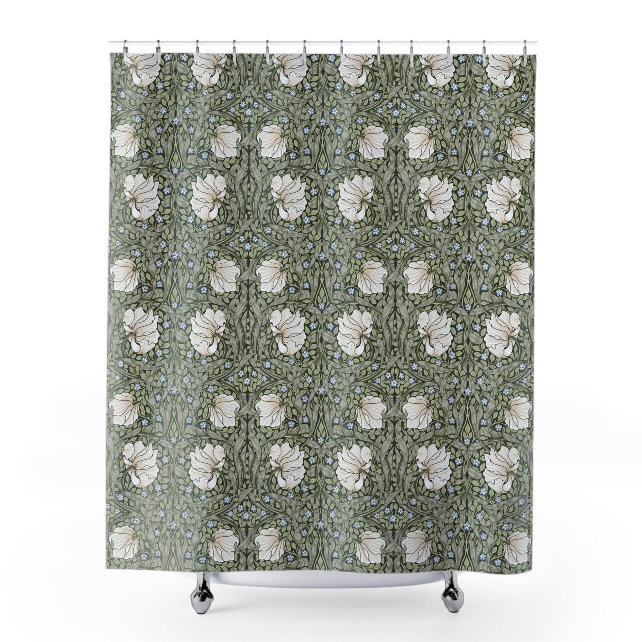 William Morris shower curtain with floral Pimpernel pattern on a white background