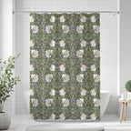 William Morris Pimpernel shower curtain featuring the iconic Arts and Crafts pattern in Sage green, perfect for cottagecore, grandmillennial, heritage revival and English country dining decor.