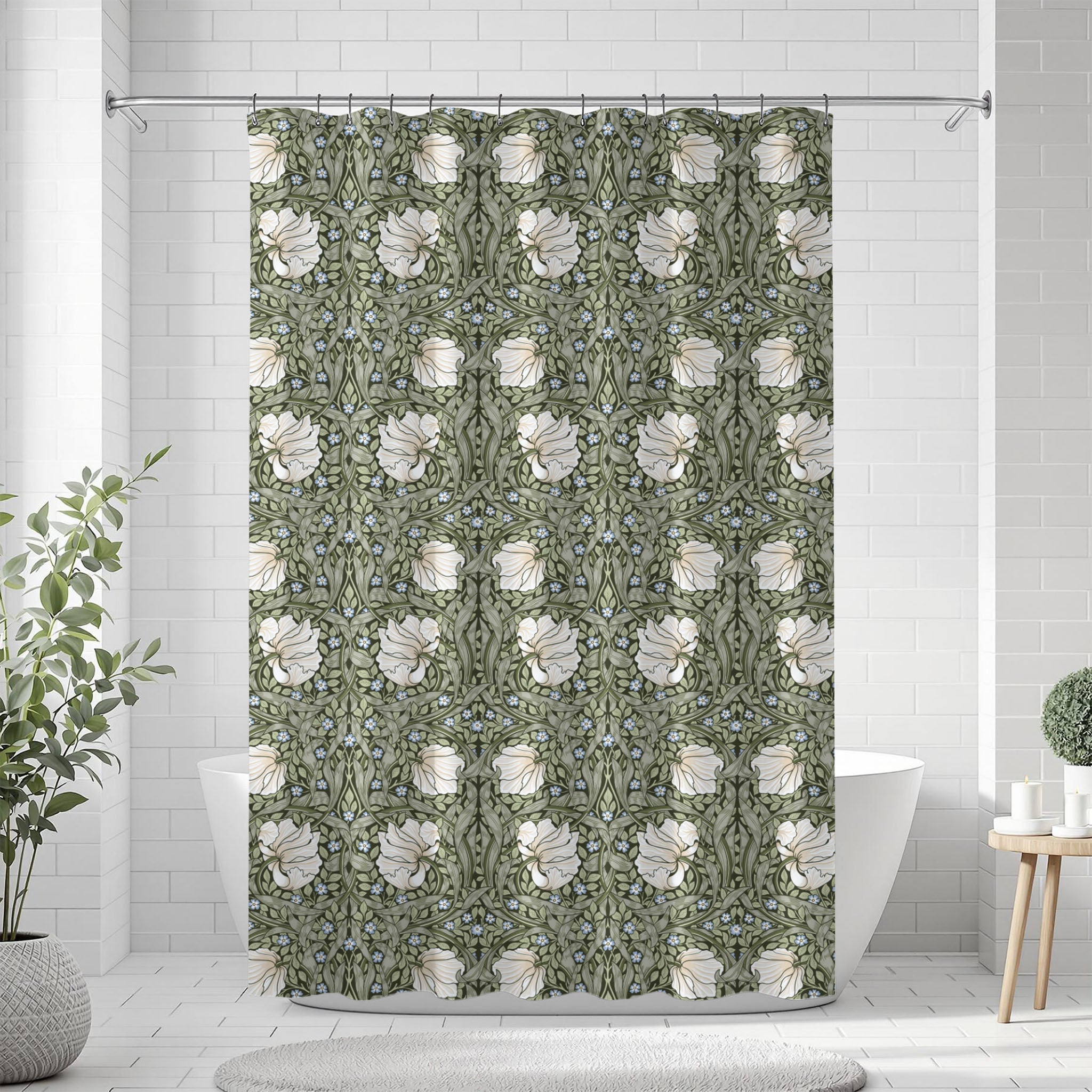 William Morris Pimpernel shower curtain featuring the iconic Arts and Crafts pattern in Sage green, perfect for cottagecore, grandmillennial, heritage revival and English country dining decor.