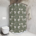 Bathroom with a floral-patterned William Morris shower curtain and a white toilet.