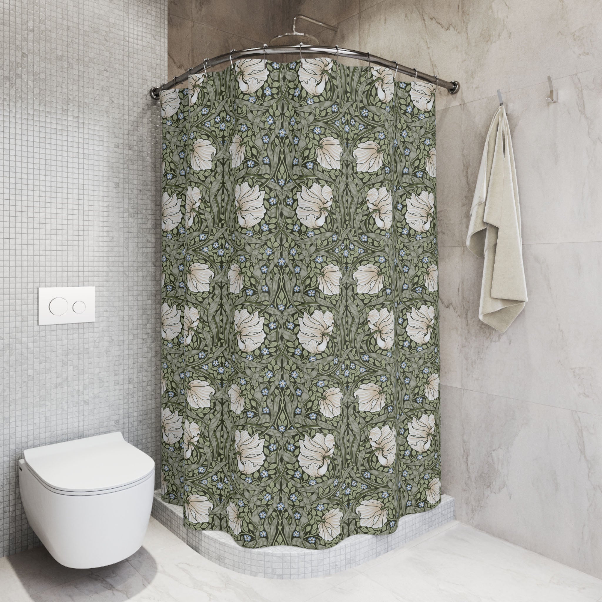 Bathroom with a floral-patterned William Morris shower curtain and a white toilet.
