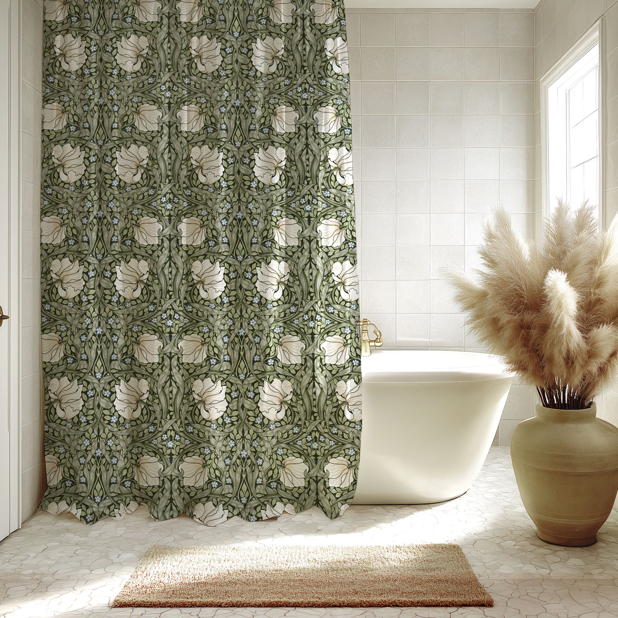 Bathroom with a William Morris Pimpernel shower curtain, white bathtub, and decorative vase with pampas grass.