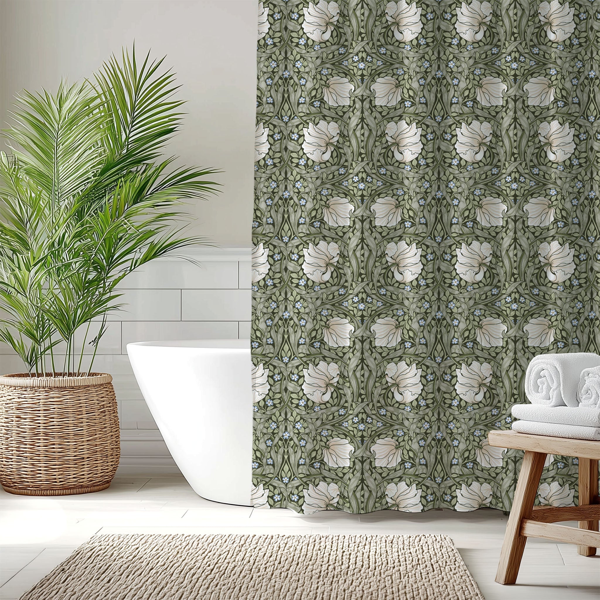 Bathroom with a William Morris Pimpernel floral-patterned shower curtain, white bathtub, and wooden stool.