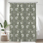 William Morris shower curtain featuring the iconic Arts and Crafts Pimpernel pattern in Silver Sage, perfect for cottagecore, grandmillennial, heritage revival and English country dining decor.