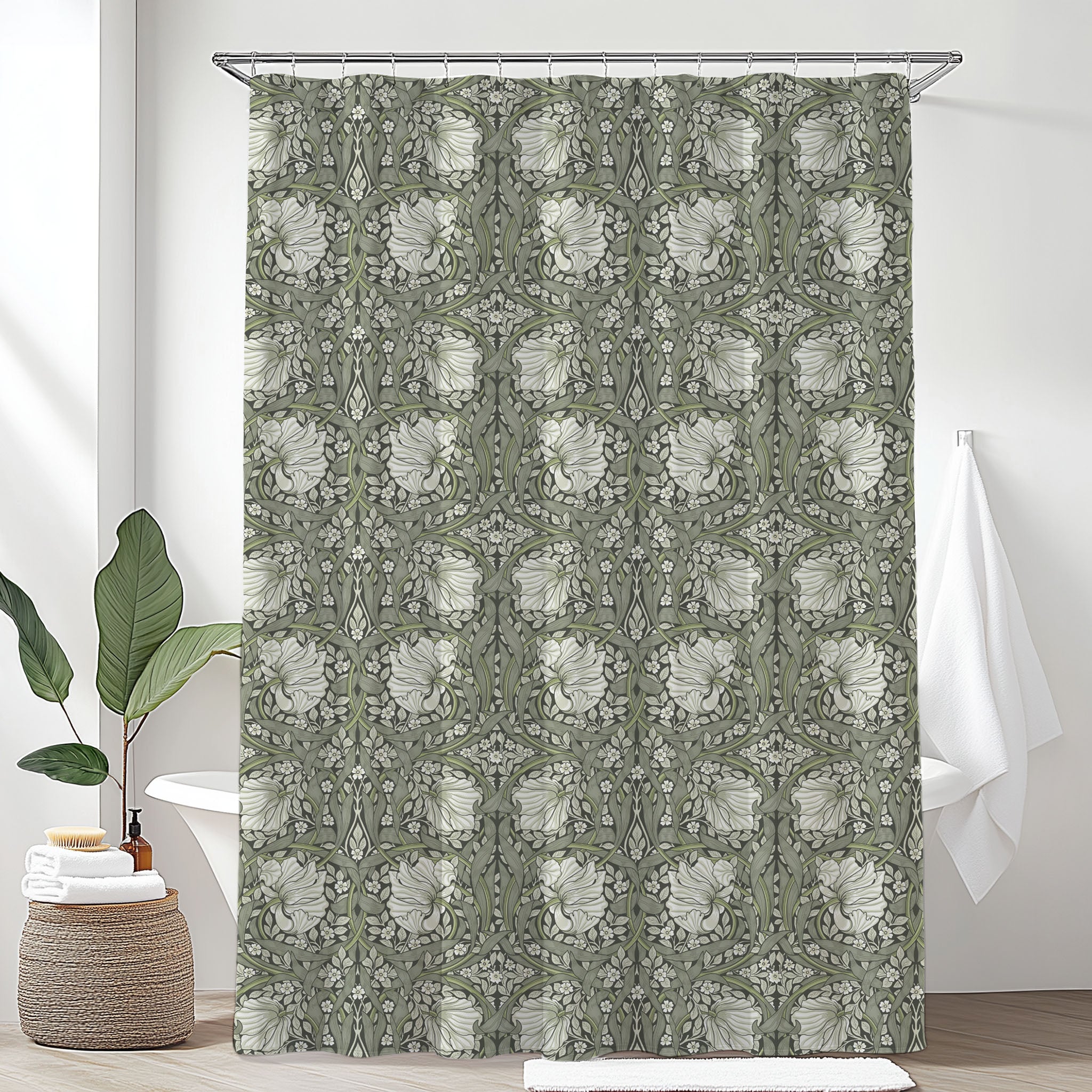 William Morris shower curtain featuring the iconic Arts and Crafts Pimpernel pattern in Silver Sage, perfect for cottagecore, grandmillennial, heritage revival and English country dining decor.