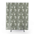 William Morris Pimpernel shower curtain with a floral pattern in soft neutral sage green