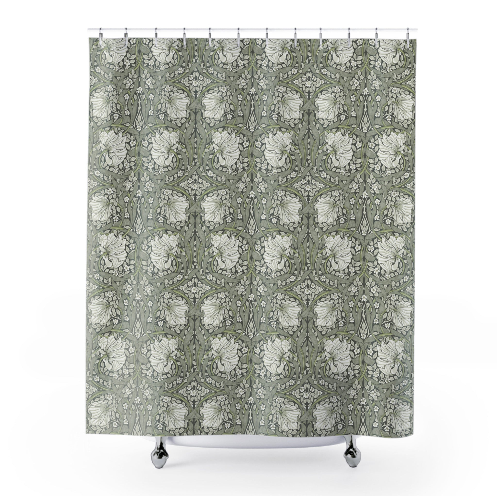 William Morris Pimpernel shower curtain with a floral pattern in soft neutral sage green