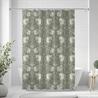 English cottage shower curtain featuring the William Morris Pimpernel pattern in soft Silver Sage colorway. Perfect for grandmillennial, cottagecore and heritage-inspired bath decor