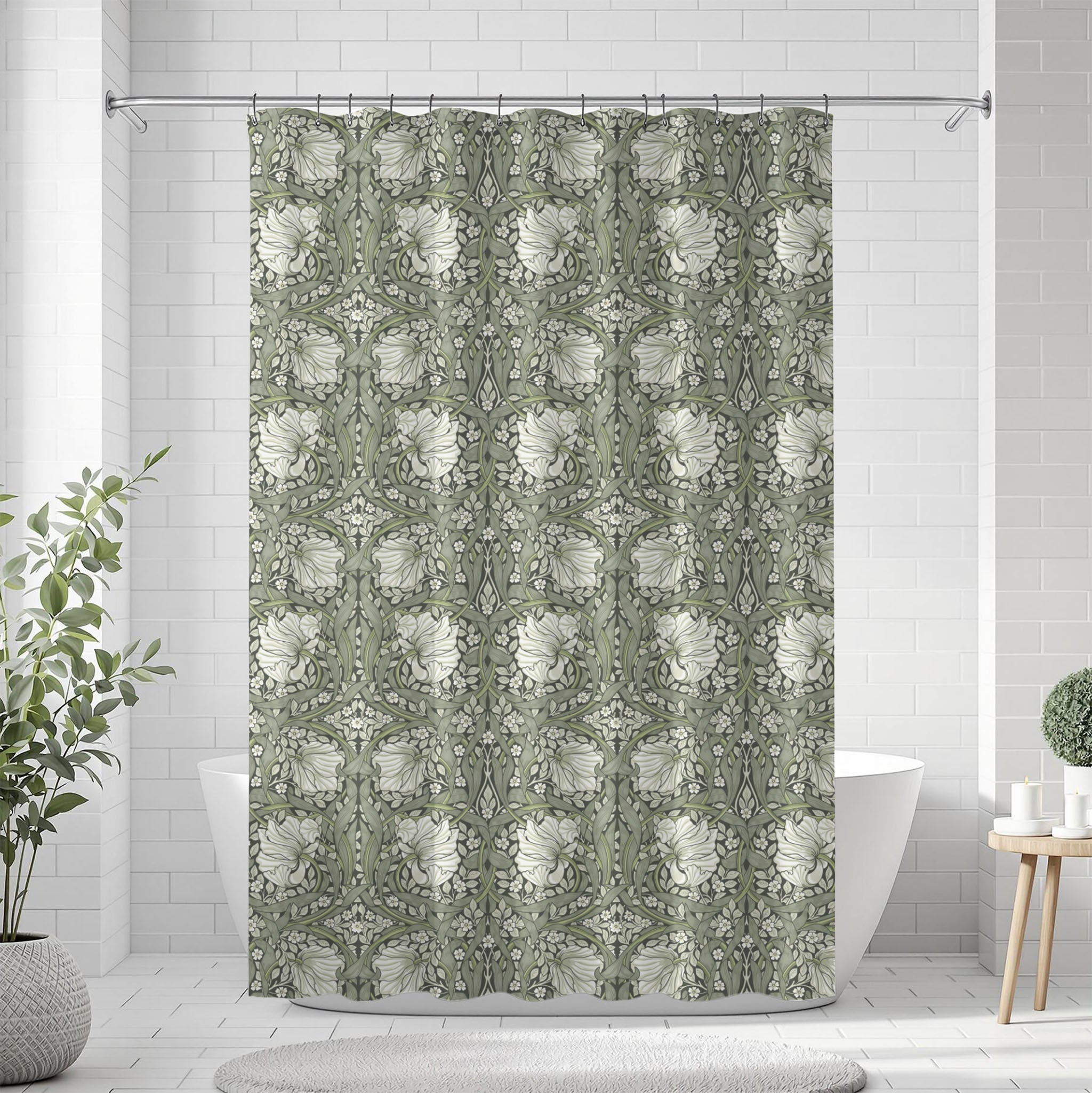 English cottage shower curtain featuring the William Morris Pimpernel pattern in soft Silver Sage colorway. Perfect for grandmillennial, cottagecore and heritage-inspired bath decor