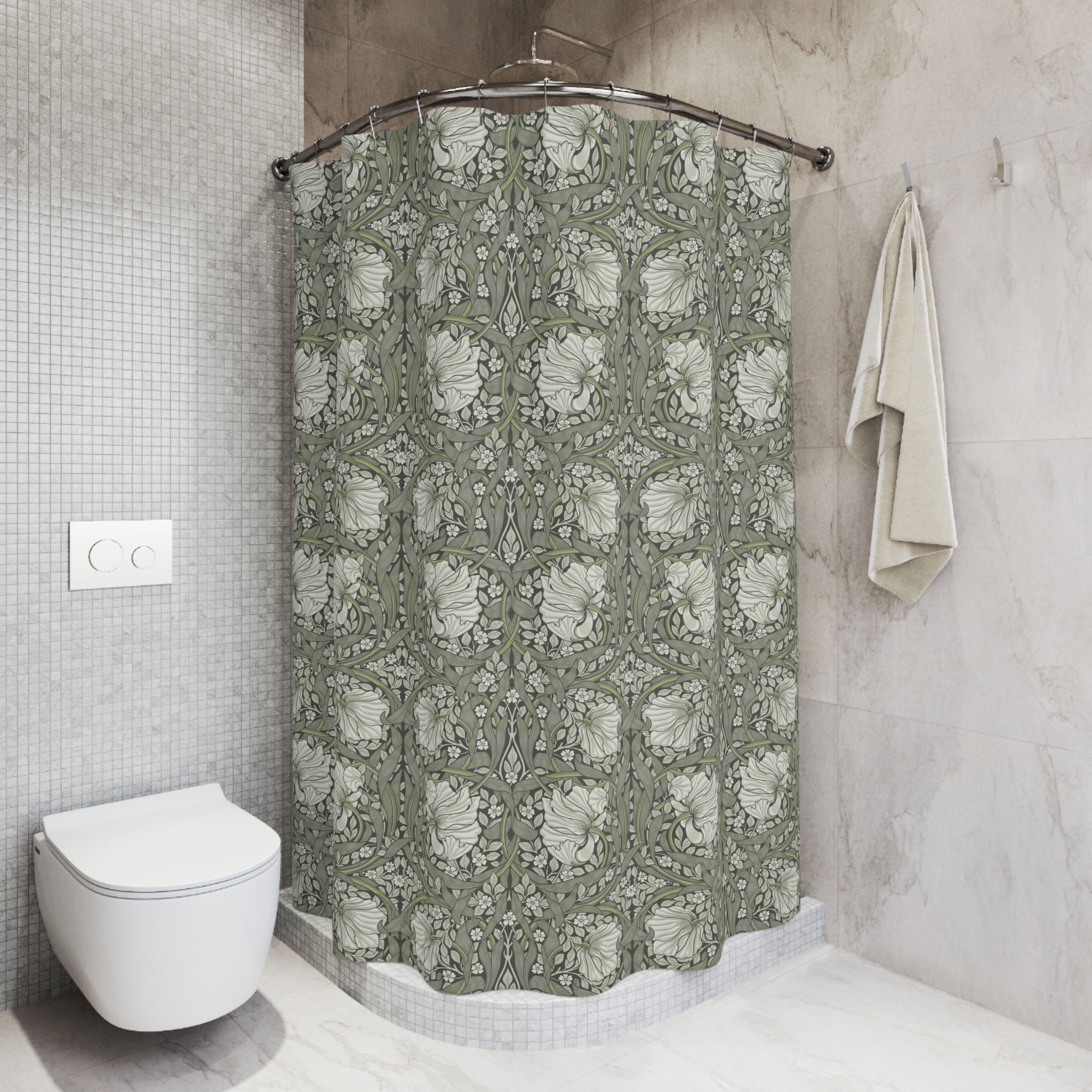 Pimpernel by William Morris shower curtain with floral pattern in a bathroom setting