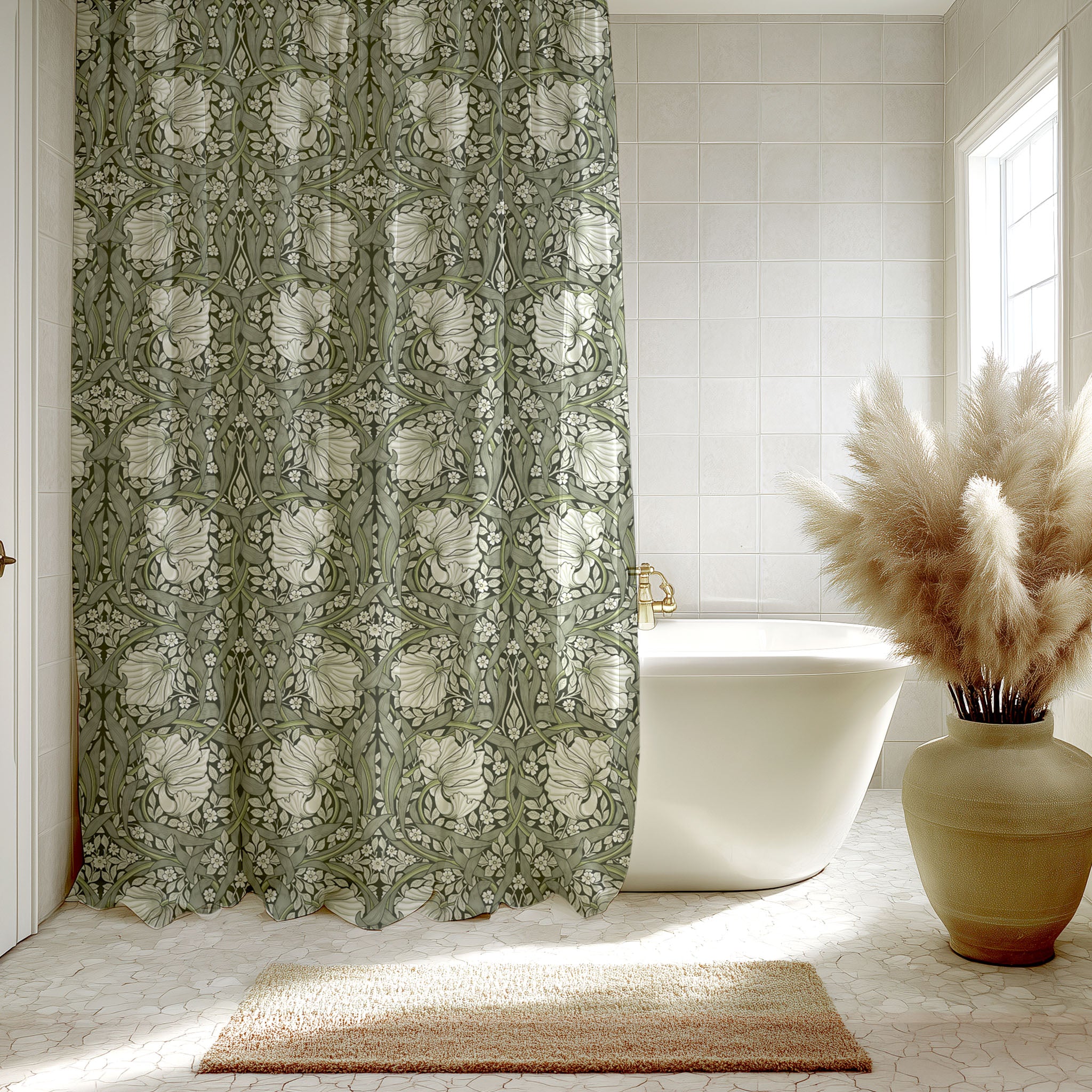 Bathroom with a William Morris Pimpernel shower curtain in Silver Sage green, white bathtub, and decorative vase with pampas grass.