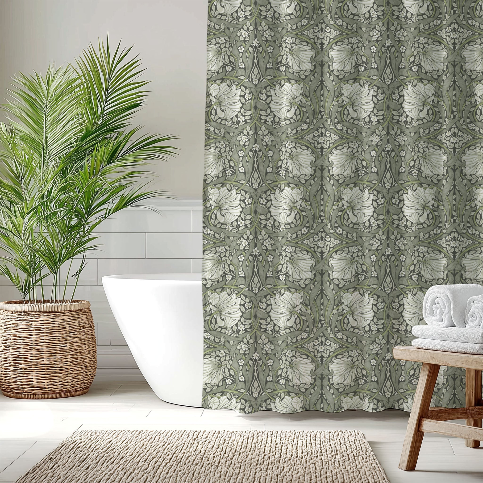 William Morris Pimpernel shower curtain featuring the iconic Arts and Crafts pattern, perfect for cottagecore, grandmillennial, heritage revival and English country dining decor.