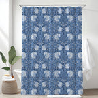 William Morris shower curtain featuring the iconic Arts and Crafts Pimpernel pattern, perfect for cottagecore, grandmillennial, heritage revival and English country dining decor.