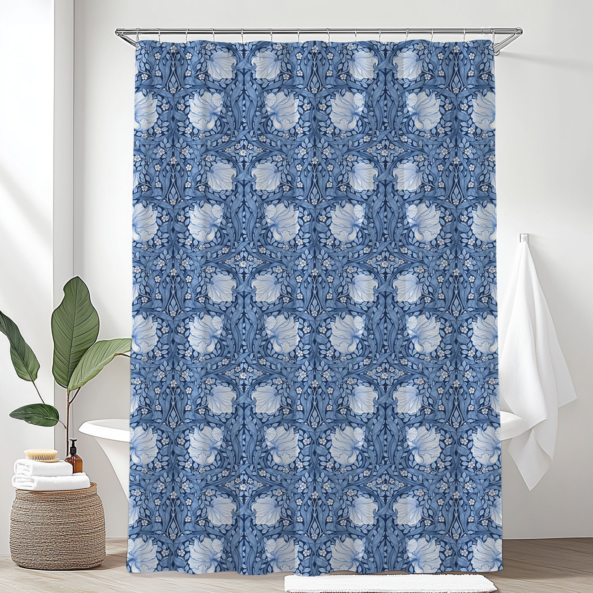 William Morris shower curtain featuring the iconic Arts and Crafts Pimpernel pattern, perfect for cottagecore, grandmillennial, heritage revival and English country dining decor.