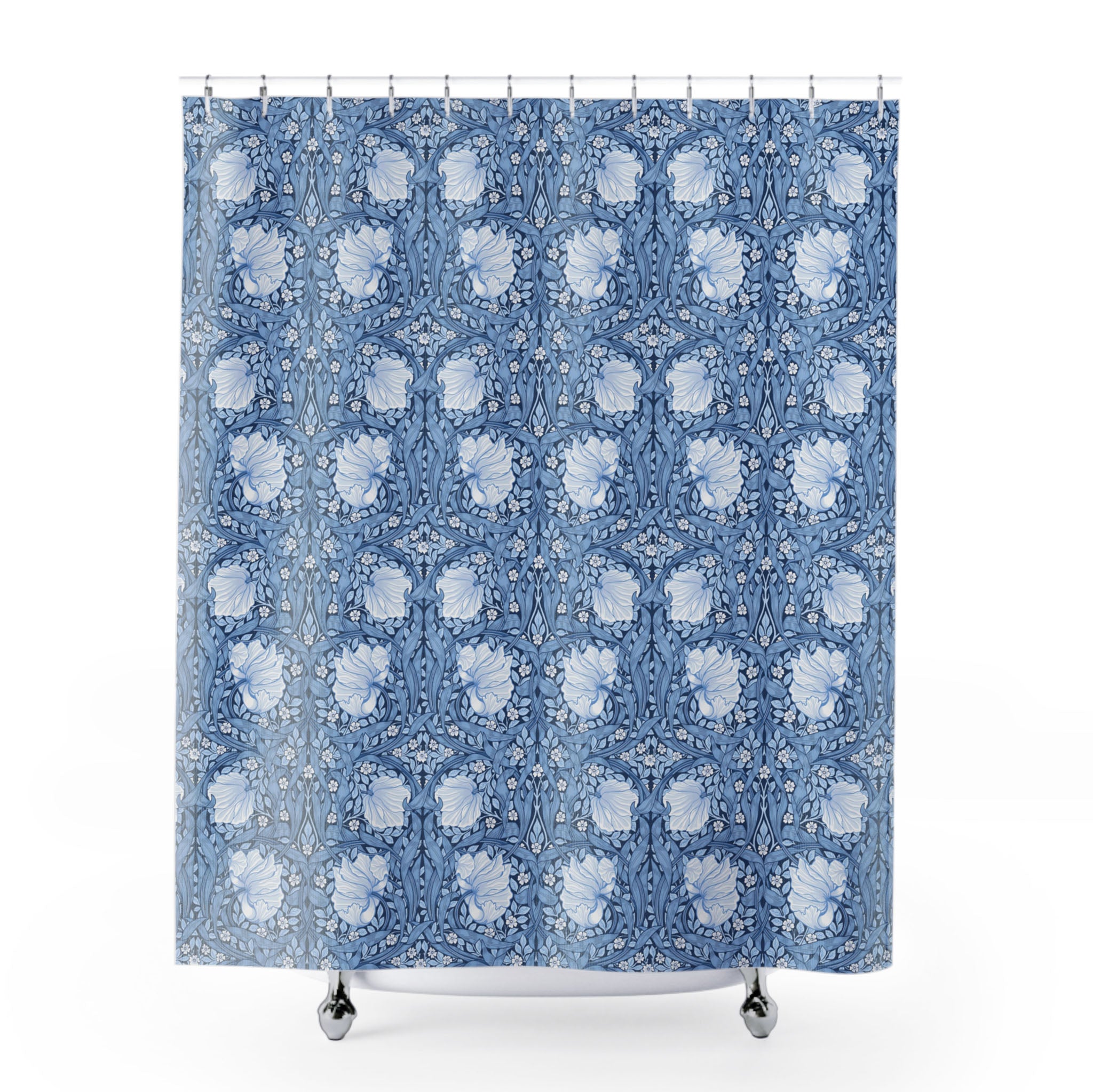William Morris Pimpernel Shower curtain with blue floral pattern on a white background