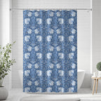 Shower curtain William Morris Pimpernel in blue, botanical bath curtain in a bathroom setting
