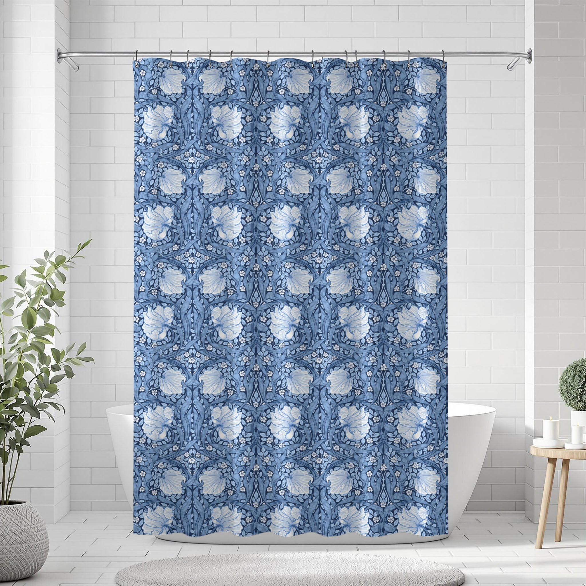 Shower curtain William Morris Pimpernel in blue, botanical bath curtain in a bathroom setting