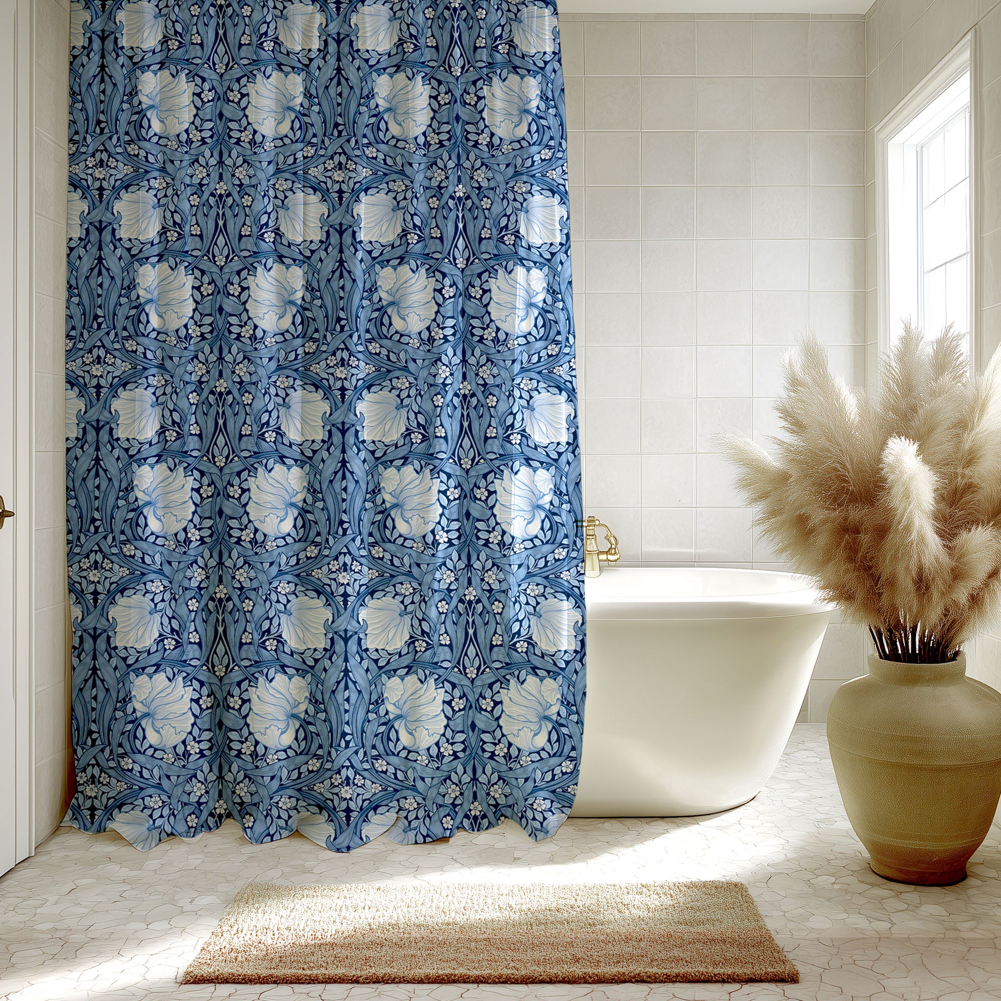 Bathroom with a blue Pimpernel by William Morris shower curtain, white bathtub, and decorative vase with pampas grass.