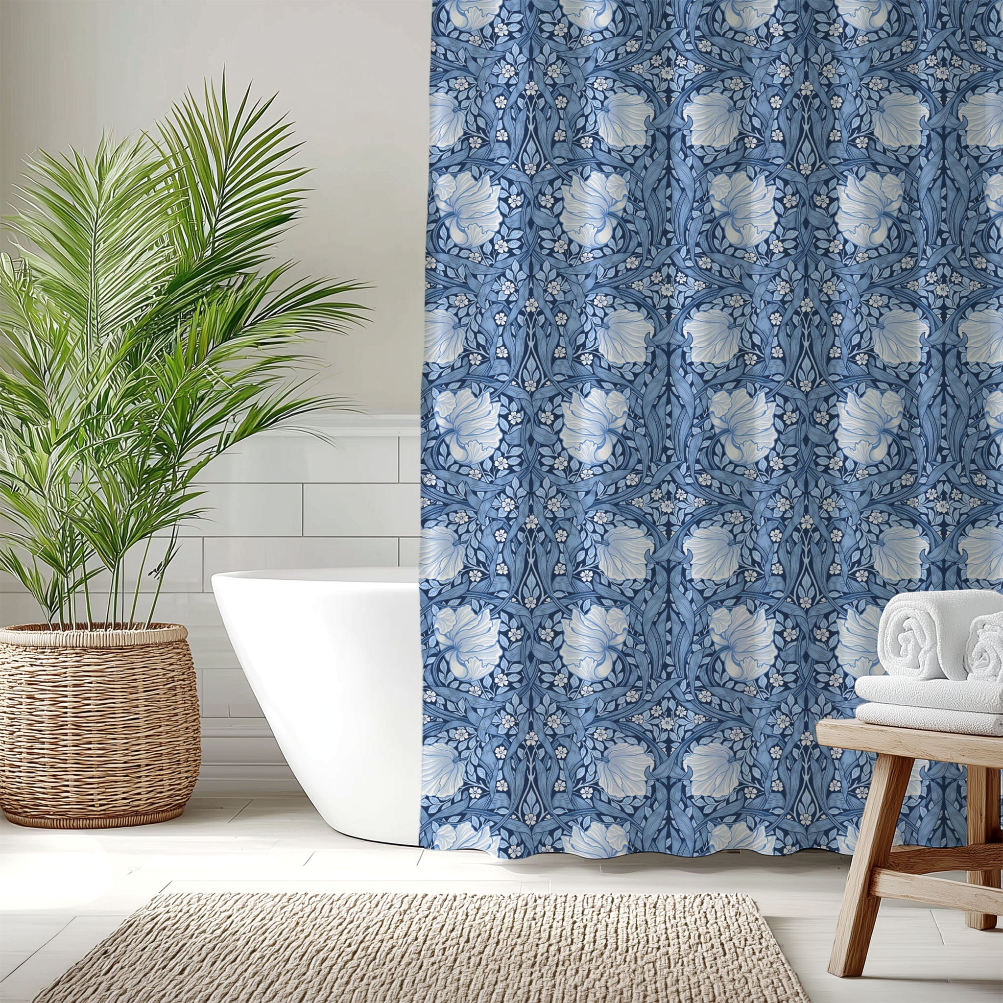 Bathroom with a William Morris shower curtain in Provence Blue Pimpernel print, white bathtub, and wooden stool.