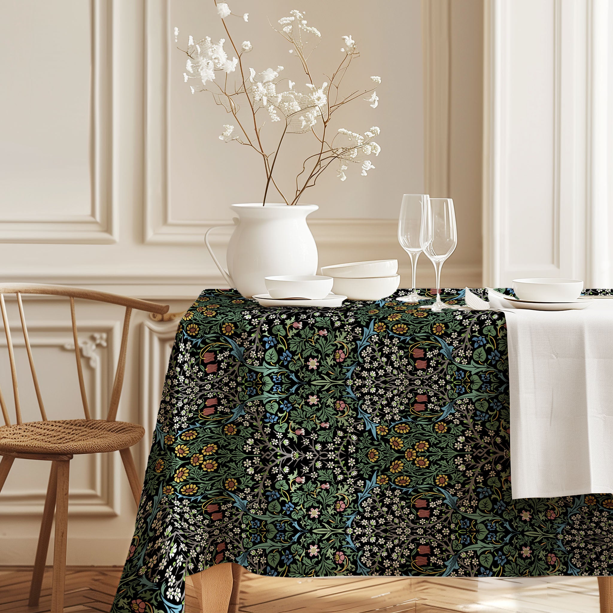William Morris Blackthorn tablecloth with detailed botanical floral pattern inspired by the Arts and Crafts movement, perfect for cottagecore and traditional dining decor.