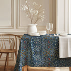 William Morris Blackthorn Dusky Blue Garden tablecloth with detailed botanical floral pattern inspired by the Arts and Crafts movement, perfect for cottagecore and traditional dining decor.
