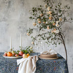 William Morris Blackthorn botanical tablecloth in Dusky Blue Garden, showcasing classic Arts and Crafts floral design for elegant dining and vintage-inspired decor.
