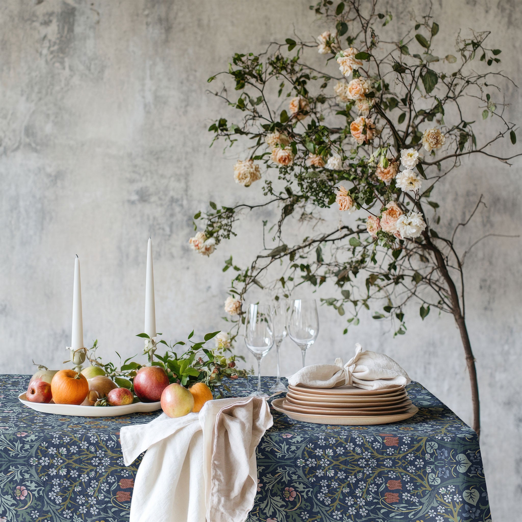 William Morris Blackthorn botanical tablecloth in Dusky Blue Garden, showcasing classic Arts and Crafts floral design for elegant dining and vintage-inspired decor.