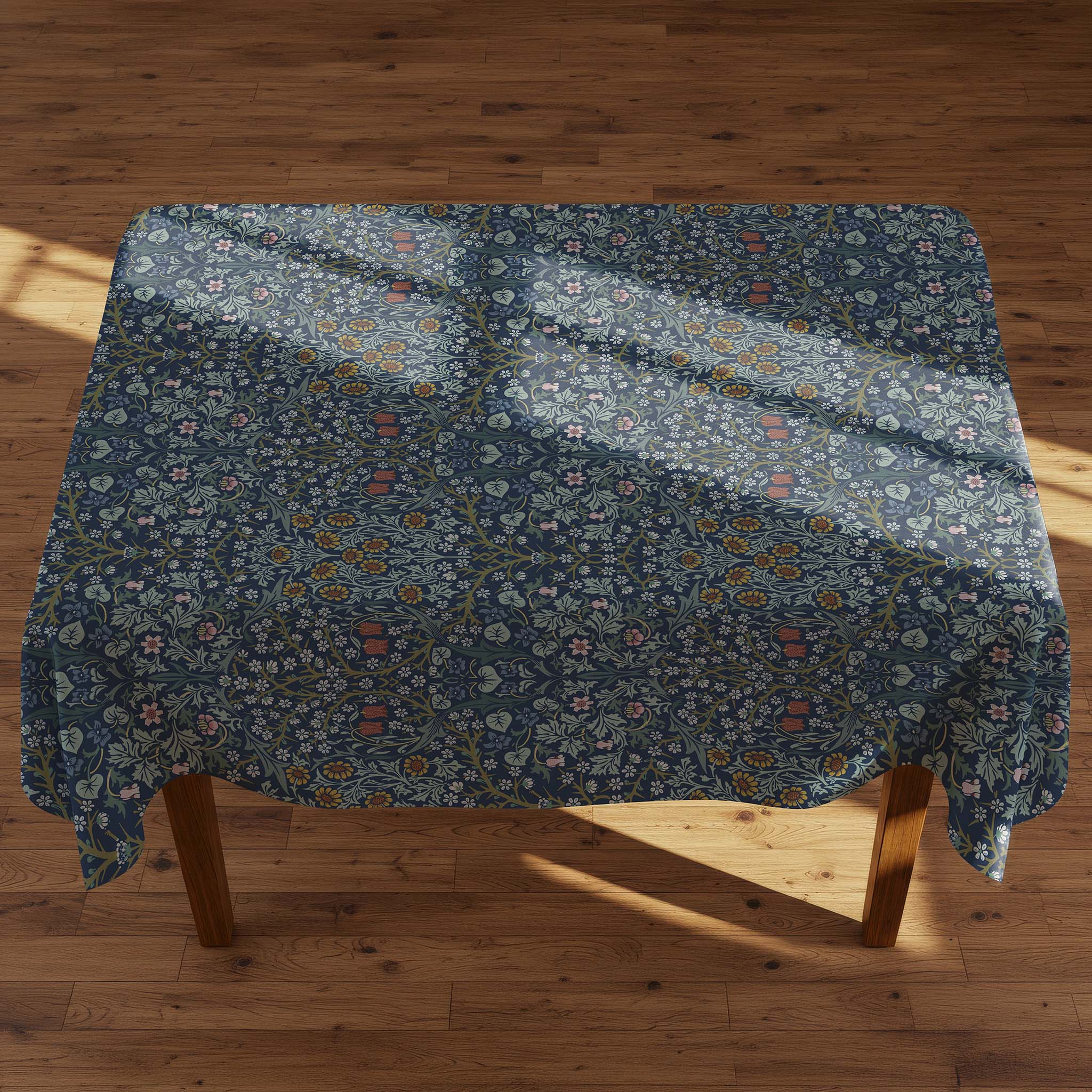 William Morris Blackthorn botanical tablecloth in blue, showcasing classic Arts and Crafts floral design for elegant dining and vintage-inspired decor.